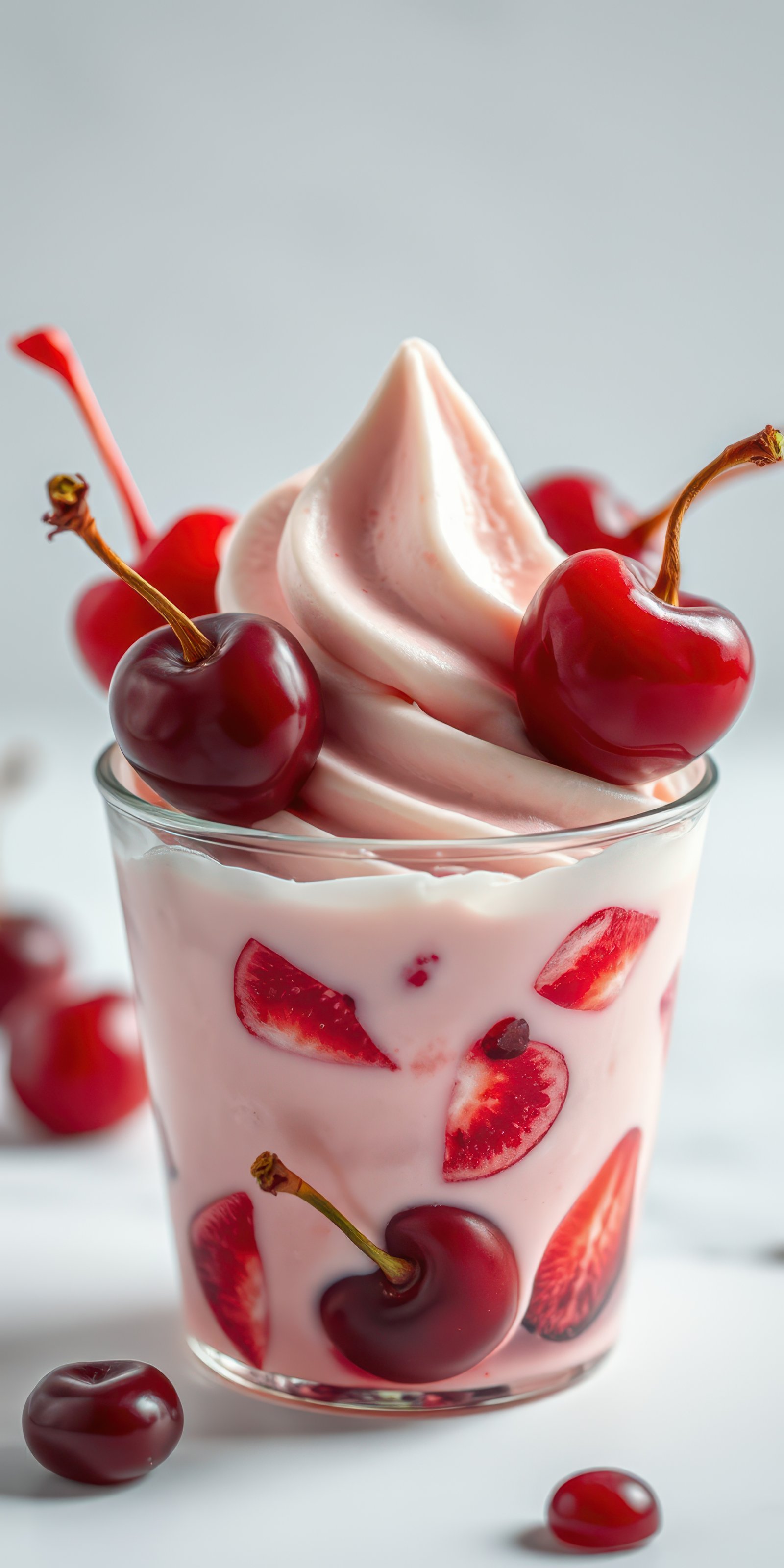 Delicious cherry and strawberry swirl dessert served in a clear cup topped with fresh fruit and whipped cream